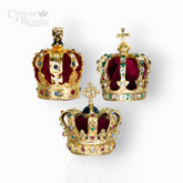 Three ornate crowns with red velvet interiors and gold exteriors on a white background, branded 'Crowns & Regalia'.
